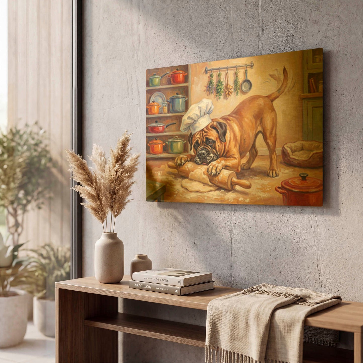'Bullmastiff In The Kitchen' By Rich Monet Gold Metal Wall Art