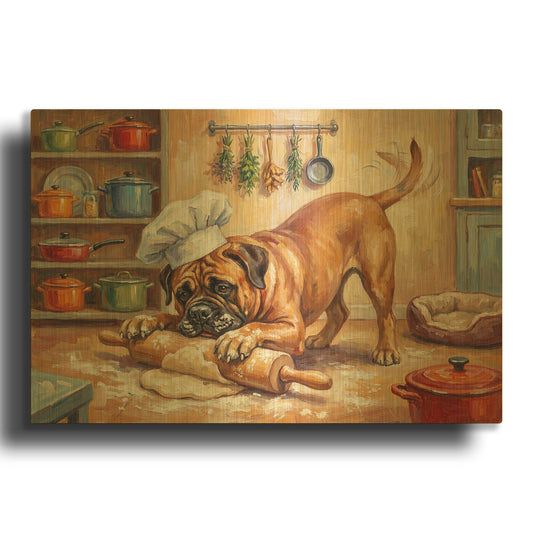 'Bullmastiff In The Kitchen' By Rich Monet Gold Metal Wall Art