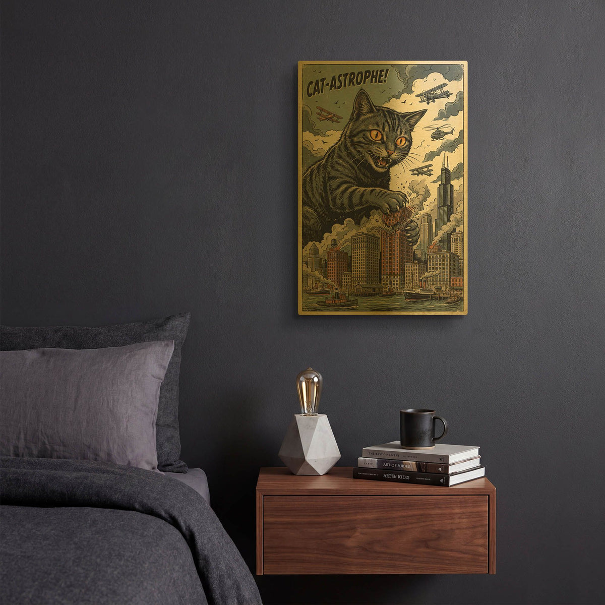 'Catzilla In Chicago' By Rich Monet Gold Metal Wall Art