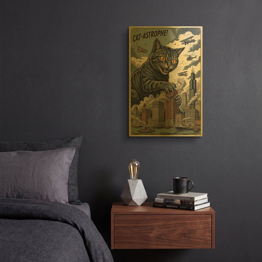 'Catzilla In Chicago' By Rich Monet Gold Metal Wall Art