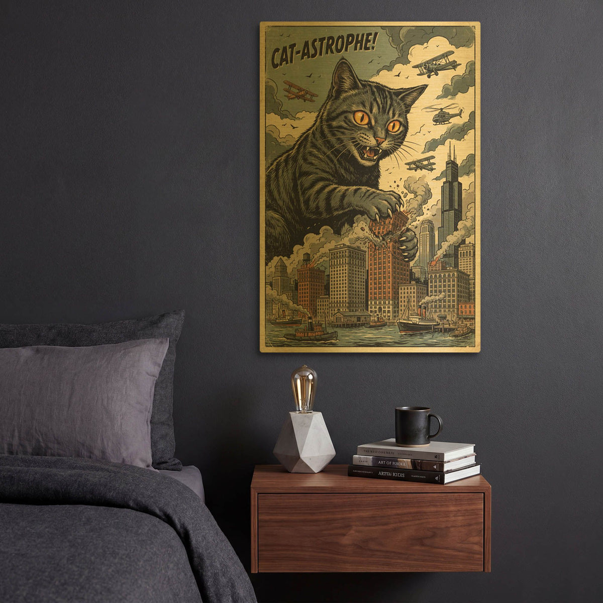 'Catzilla In Chicago' By Rich Monet Gold Metal Wall Art