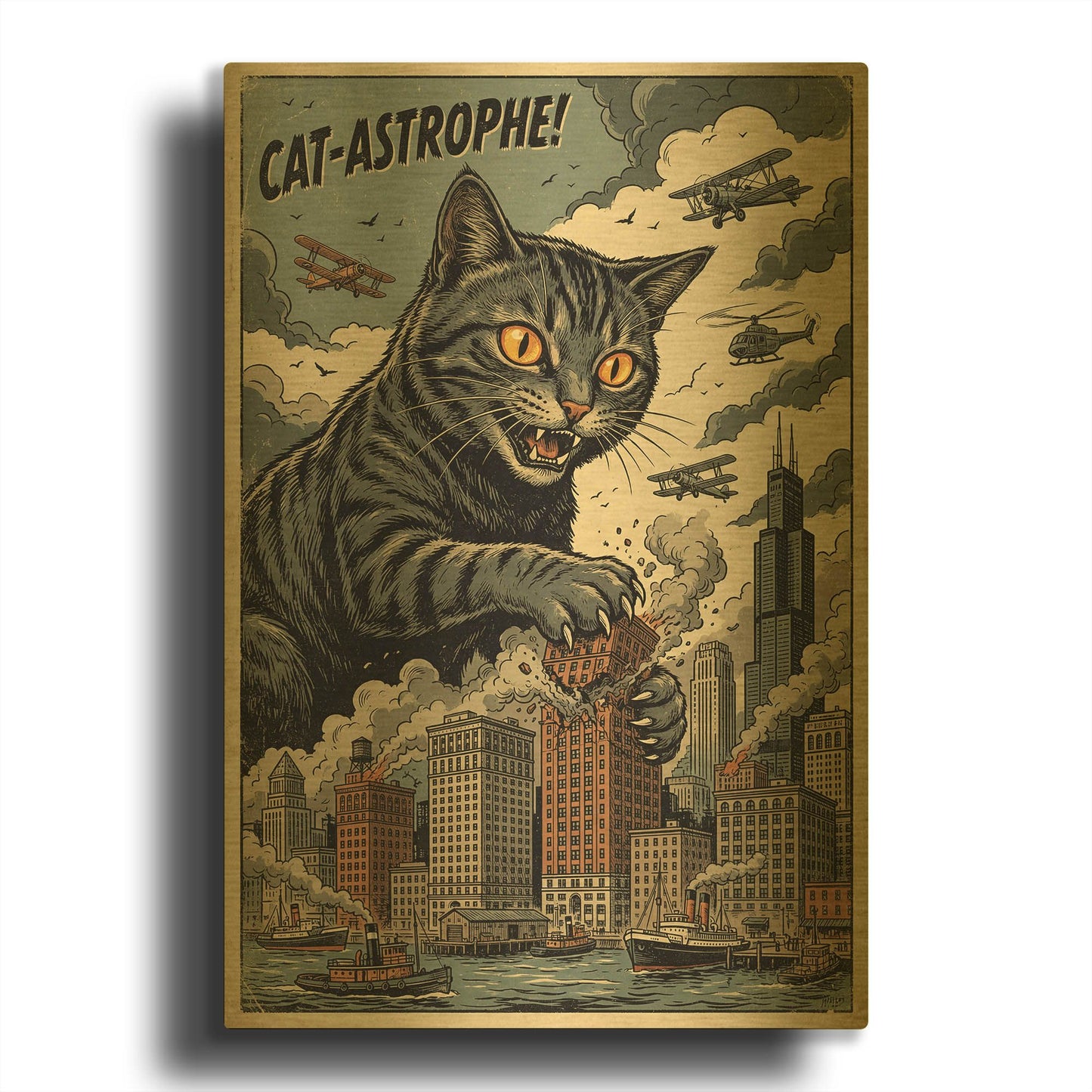 'Catzilla In Chicago' By Rich Monet Gold Metal Wall Art