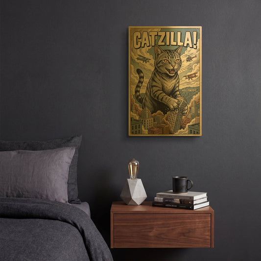 'Catzilla In Hollywood' By Rich Monet Gold Metal Wall Art
