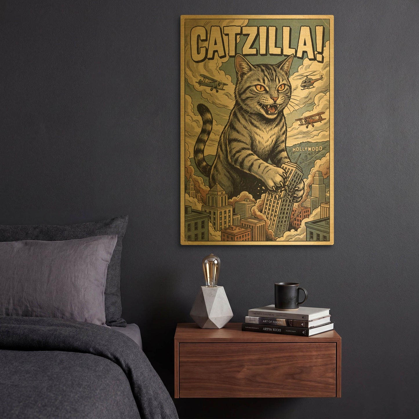 'Catzilla In Hollywood' By Rich Monet Gold Metal Wall Art