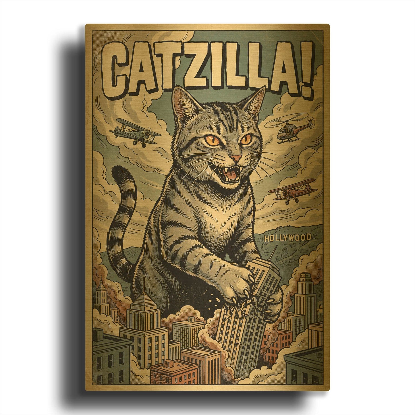 'Catzilla In Hollywood' By Rich Monet Gold Metal Wall Art