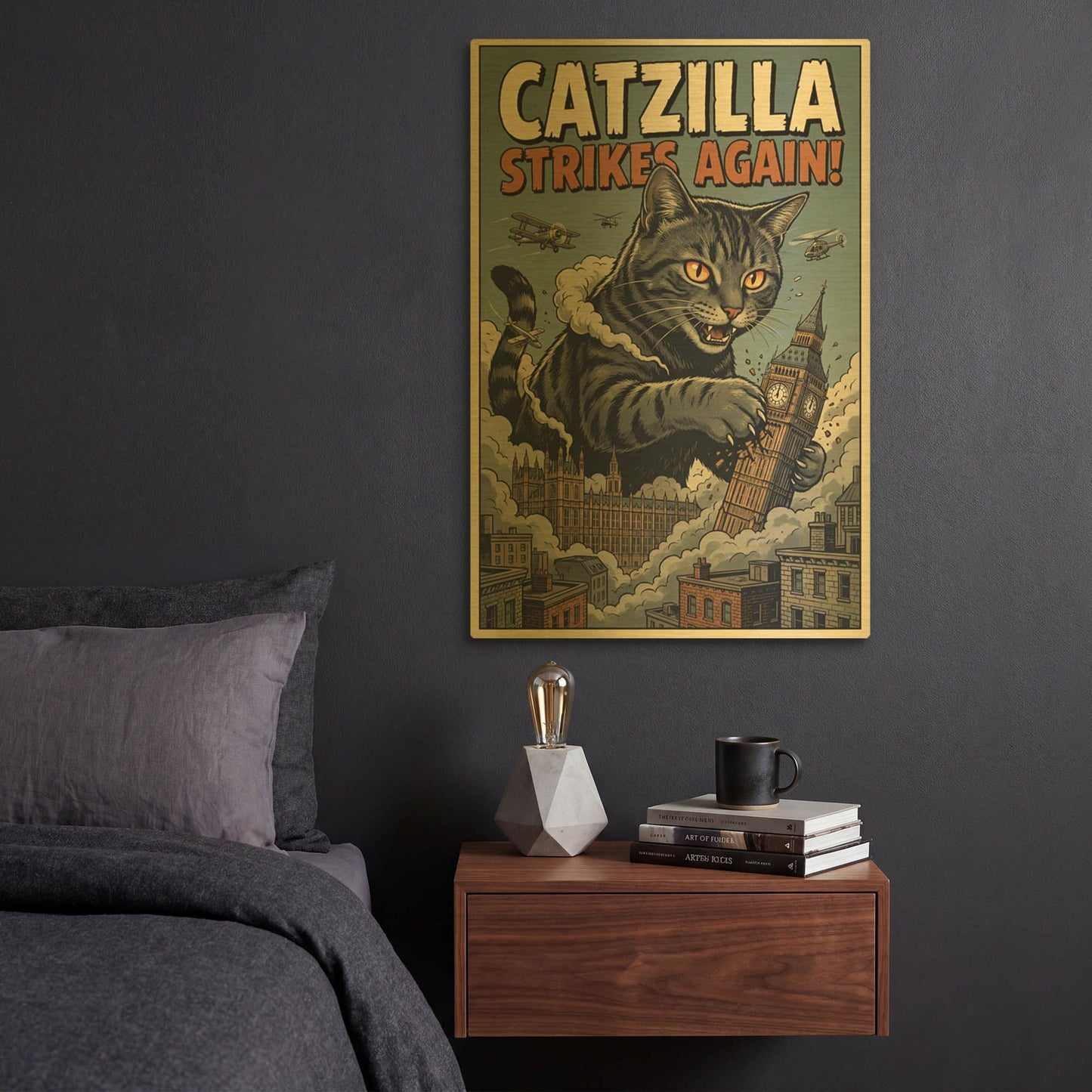 'Catzilla In London' By Rich Monet Gold Metal Wall Art