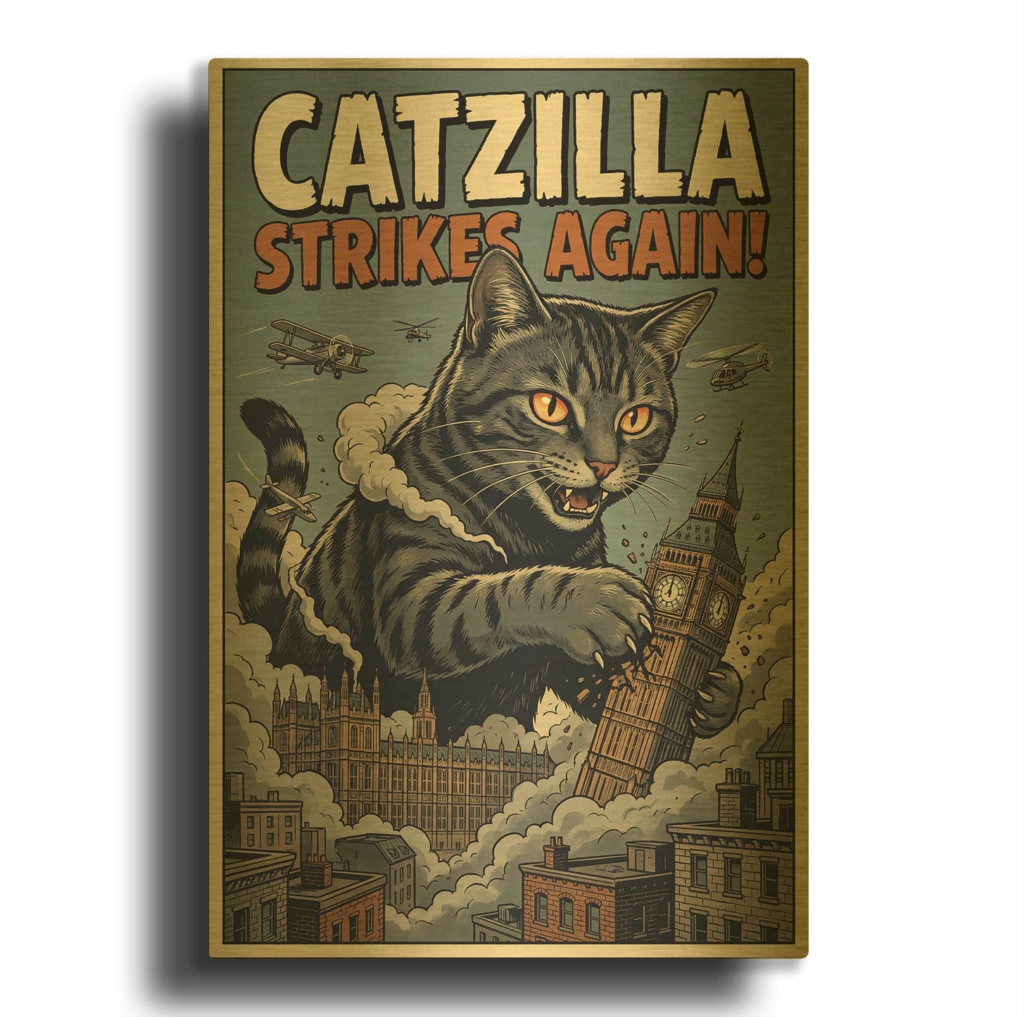 'Catzilla In London' By Rich Monet Gold Metal Wall Art