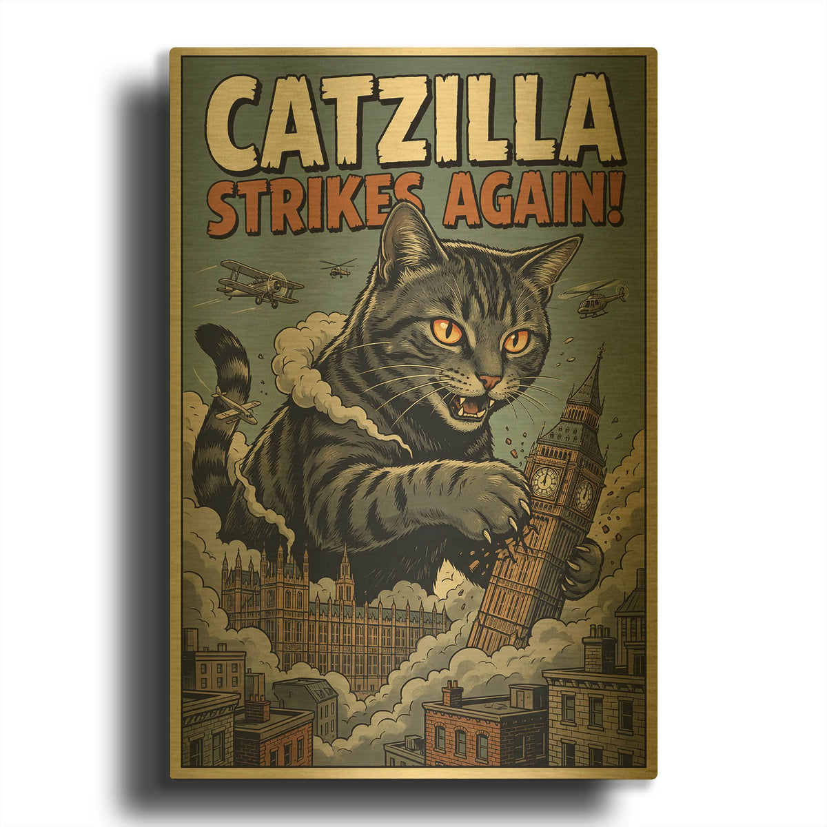 'Catzilla In London' By Rich Monet Gold Metal Wall Art