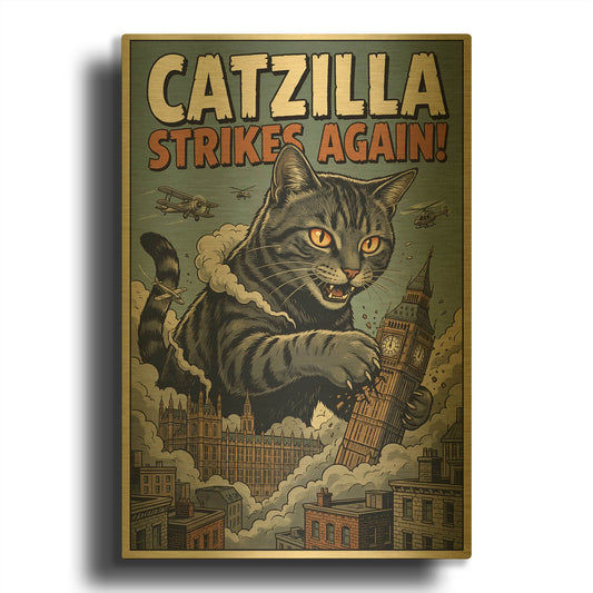 'Catzilla In London' By Rich Monet Gold Metal Wall Art