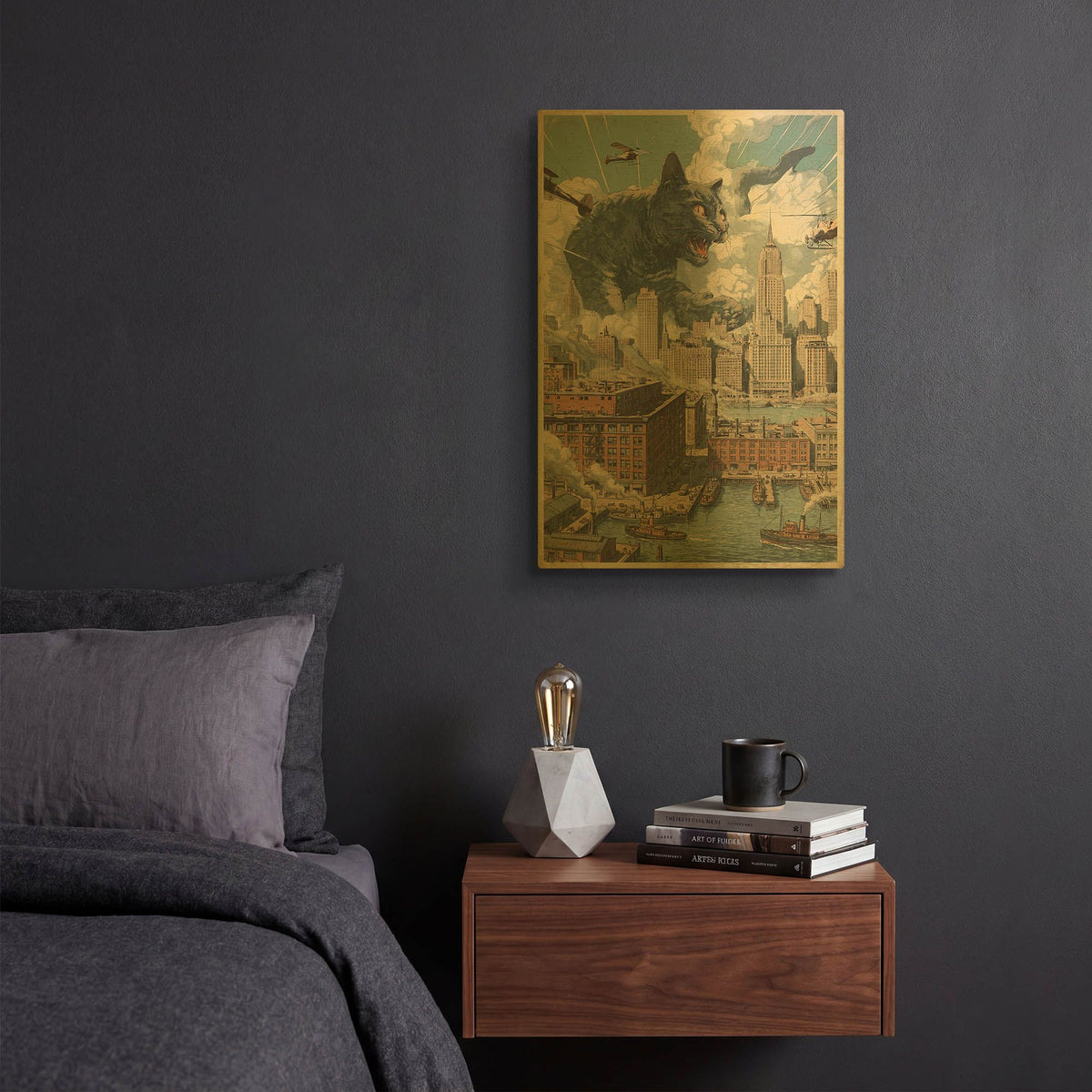 'Catzilla In New York' By Rich Monet Gold Metal Wall Art