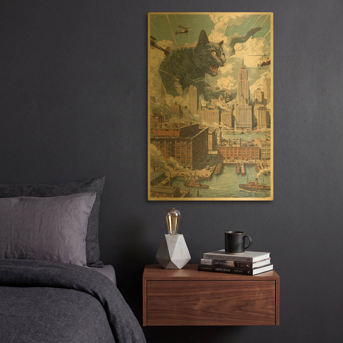 'Catzilla In New York' By Rich Monet Gold Metal Wall Art