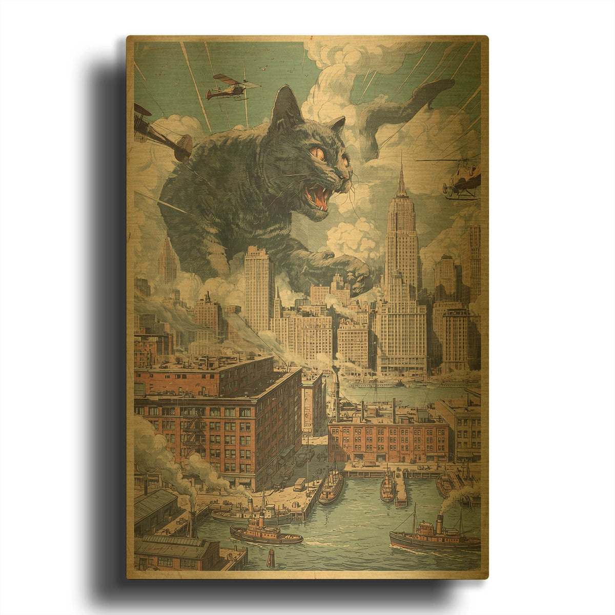 'Catzilla In New York' By Rich Monet Gold Metal Wall Art