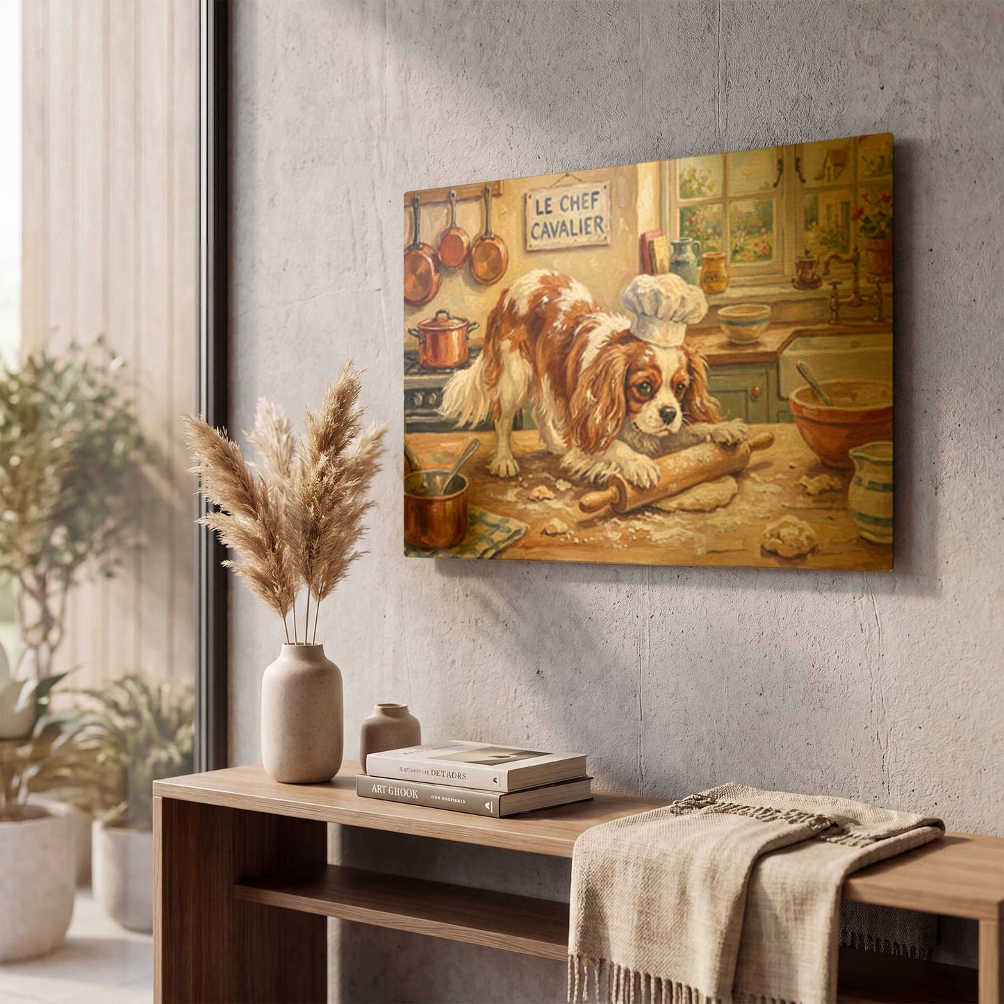 'Cavalier King Charles Spaniel In The Kitchen' By Rich Monet Gold Metal Wall Art