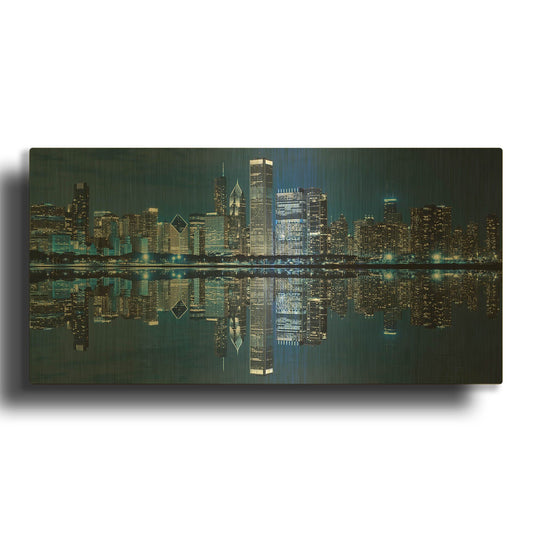 'Chicago Skyline At Night' By Rich Monet Gold Metal Wall Art