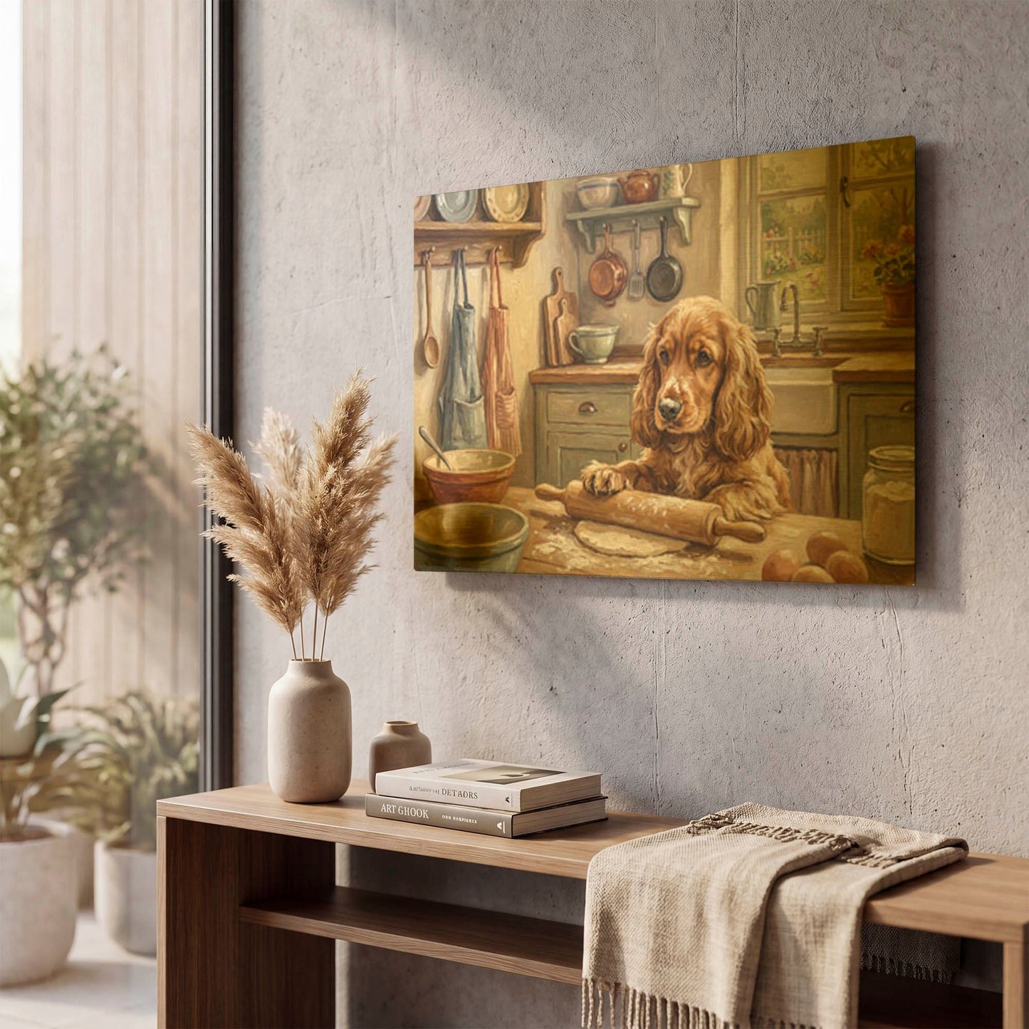 'Cocker Spaniel In The Kitchen' By Rich Monet Gold Metal Wall Art