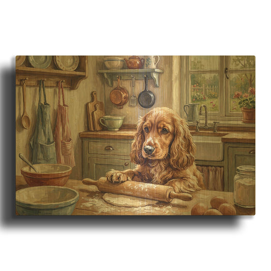 'Cocker Spaniel In The Kitchen' By Rich Monet Gold Metal Wall Art