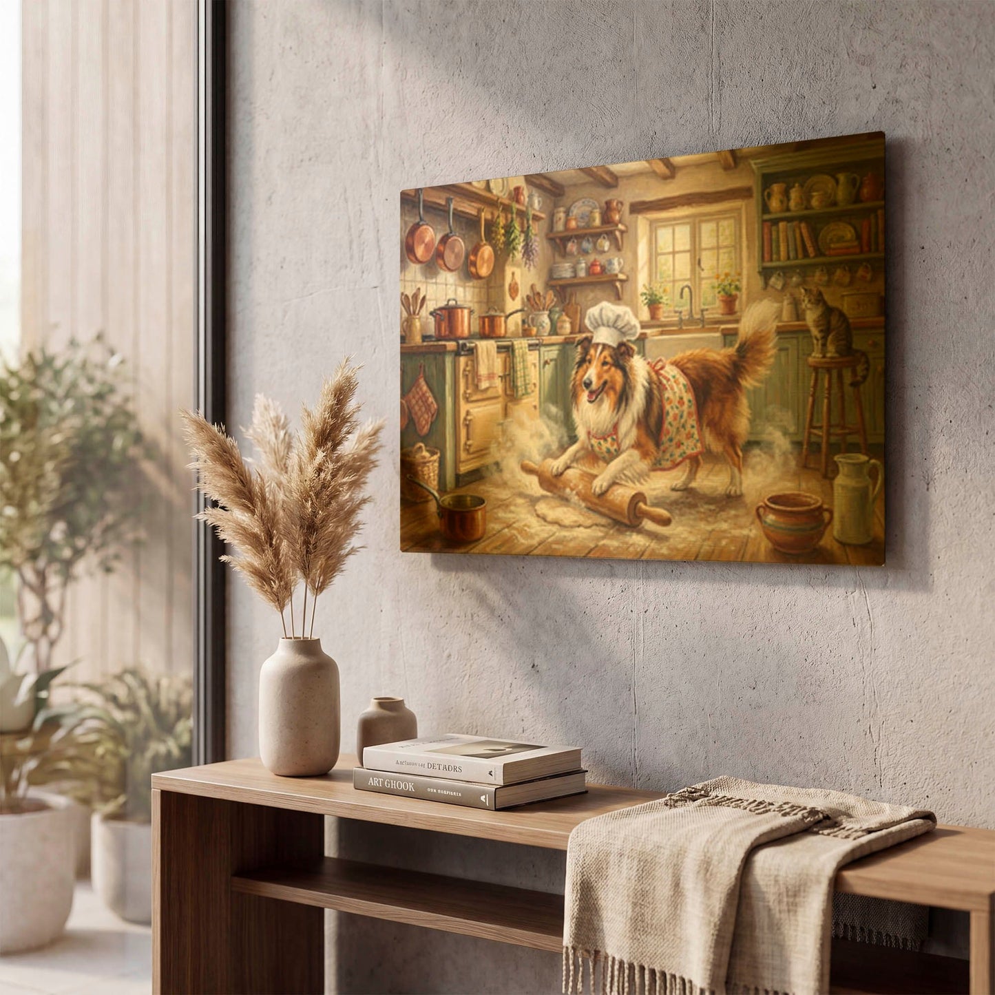 'Collie In The Kitchen' By Rich Monet Gold Metal Wall Art