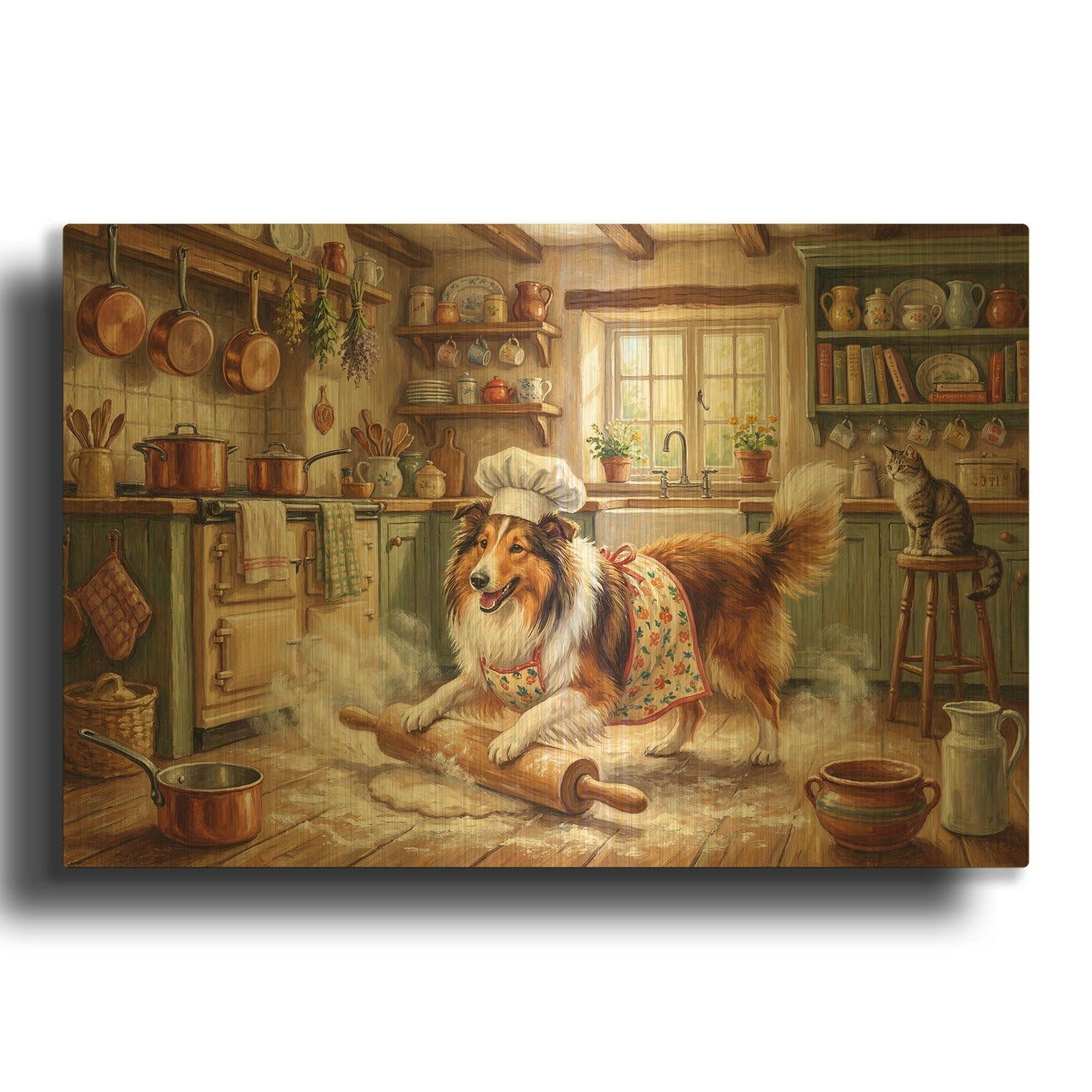 'Collie In The Kitchen' By Rich Monet Gold Metal Wall Art