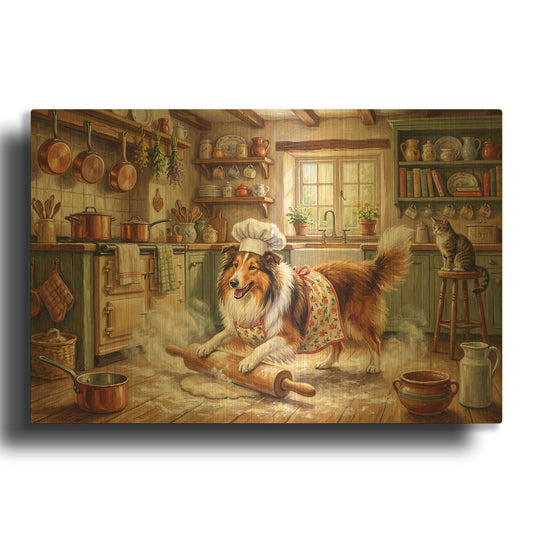 'Collie In The Kitchen' By Rich Monet Gold Metal Wall Art