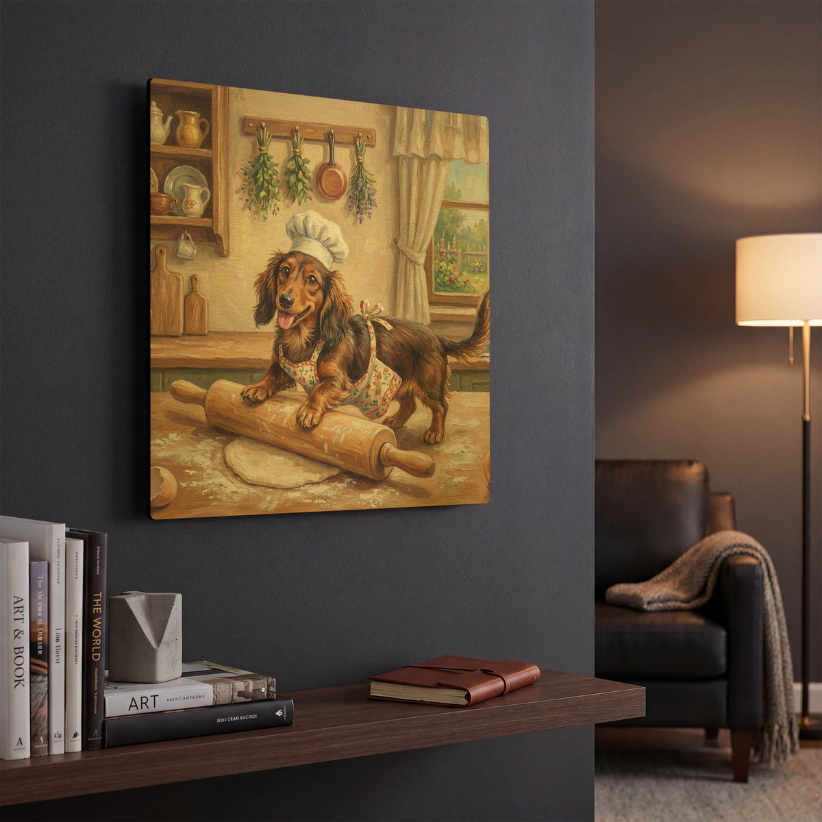 'Dachshund In The Kitchen' By Rich Monet Gold Metal Wall Art