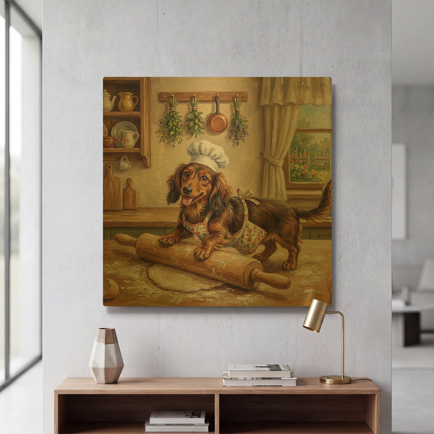 'Dachshund In The Kitchen' By Rich Monet Gold Metal Wall Art