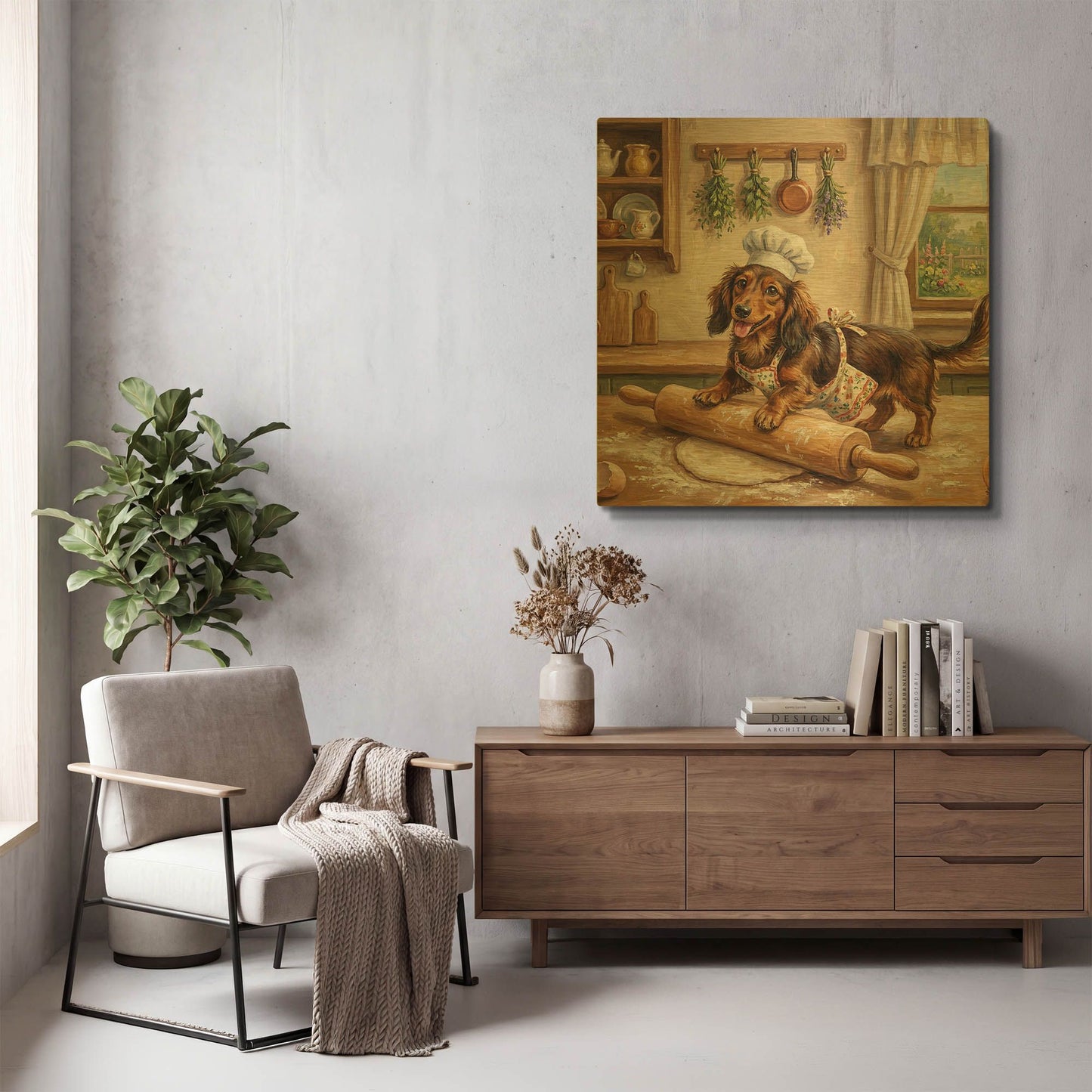 'Dachshund In The Kitchen' By Rich Monet Gold Metal Wall Art