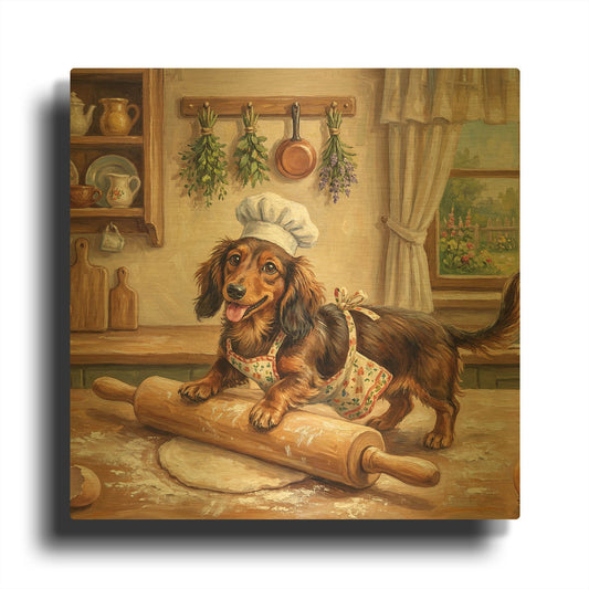'Dachshund In The Kitchen' By Rich Monet Gold Metal Wall Art