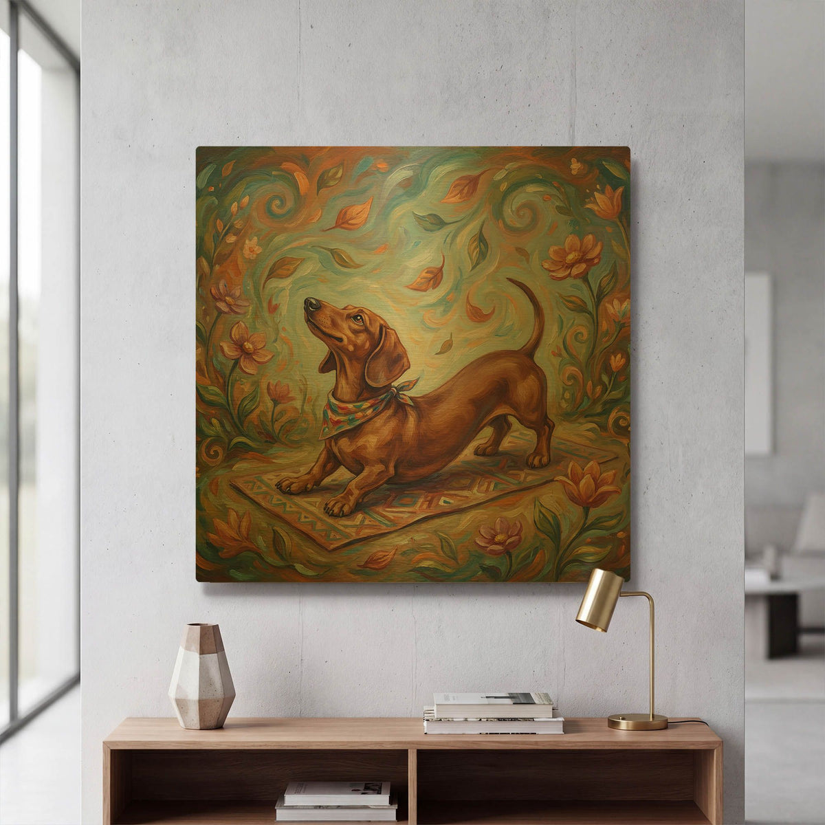 'Dachshund Yoga Cobra Pose' By Rich Monet Gold Metal Wall Art