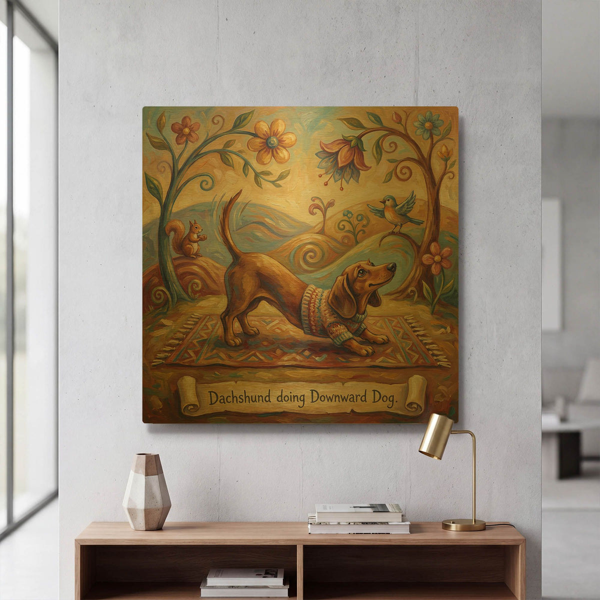 'Dachshund Yoga Downward Dog' By Rich Monet Gold Metal Wall Art