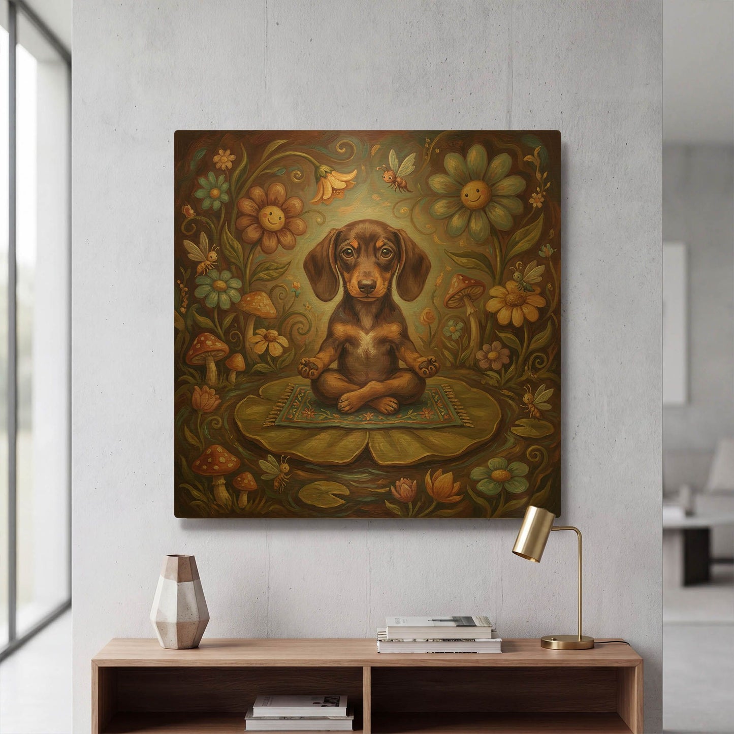 'Dachshund Yoga Lotus Pose' By Rich Monet Gold Metal Wall Art