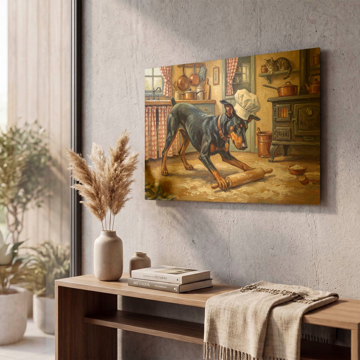 'Doberman Pinscher In The Kitchen' By Rich Monet Gold Metal Wall Art
