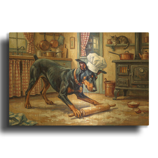 'Doberman Pinscher In The Kitchen' By Rich Monet Gold Metal Wall Art