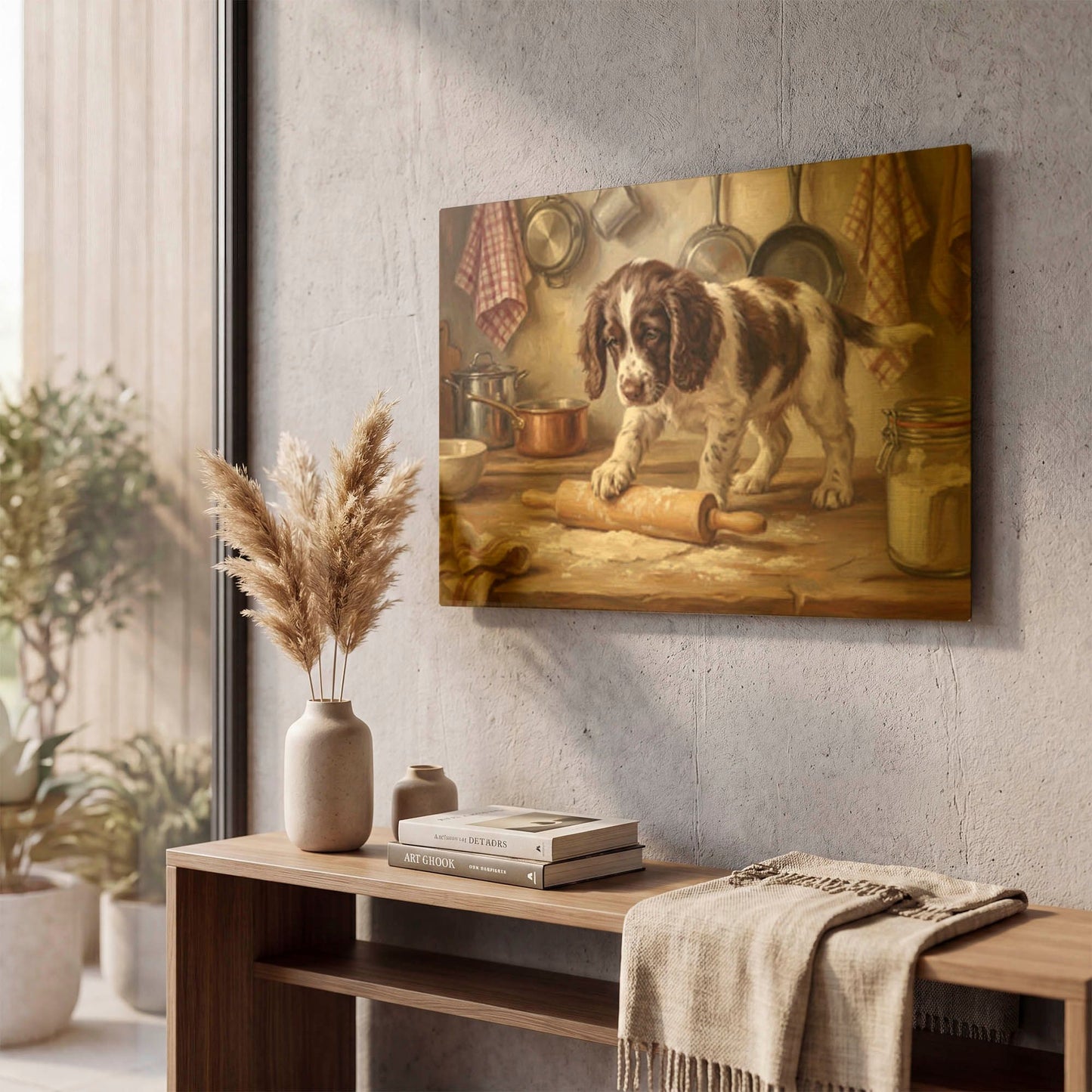 'English Springer Spaniel In The Kitchen' By Rich Monet Gold Metal Wall Art