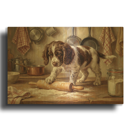 'English Springer Spaniel In The Kitchen' By Rich Monet Gold Metal Wall Art