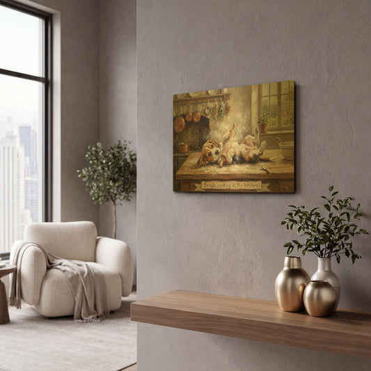 'Beagle In The Kitchen' By Rich Monet Gold Metal Wall Art