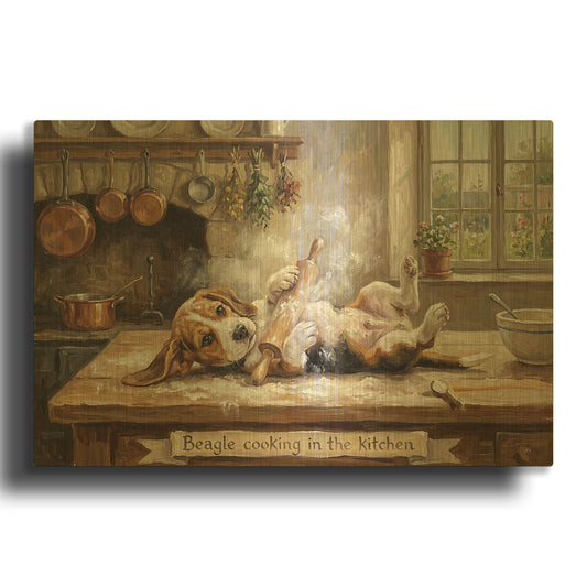 'Beagle In The Kitchen' By Rich Monet Gold Metal Wall Art