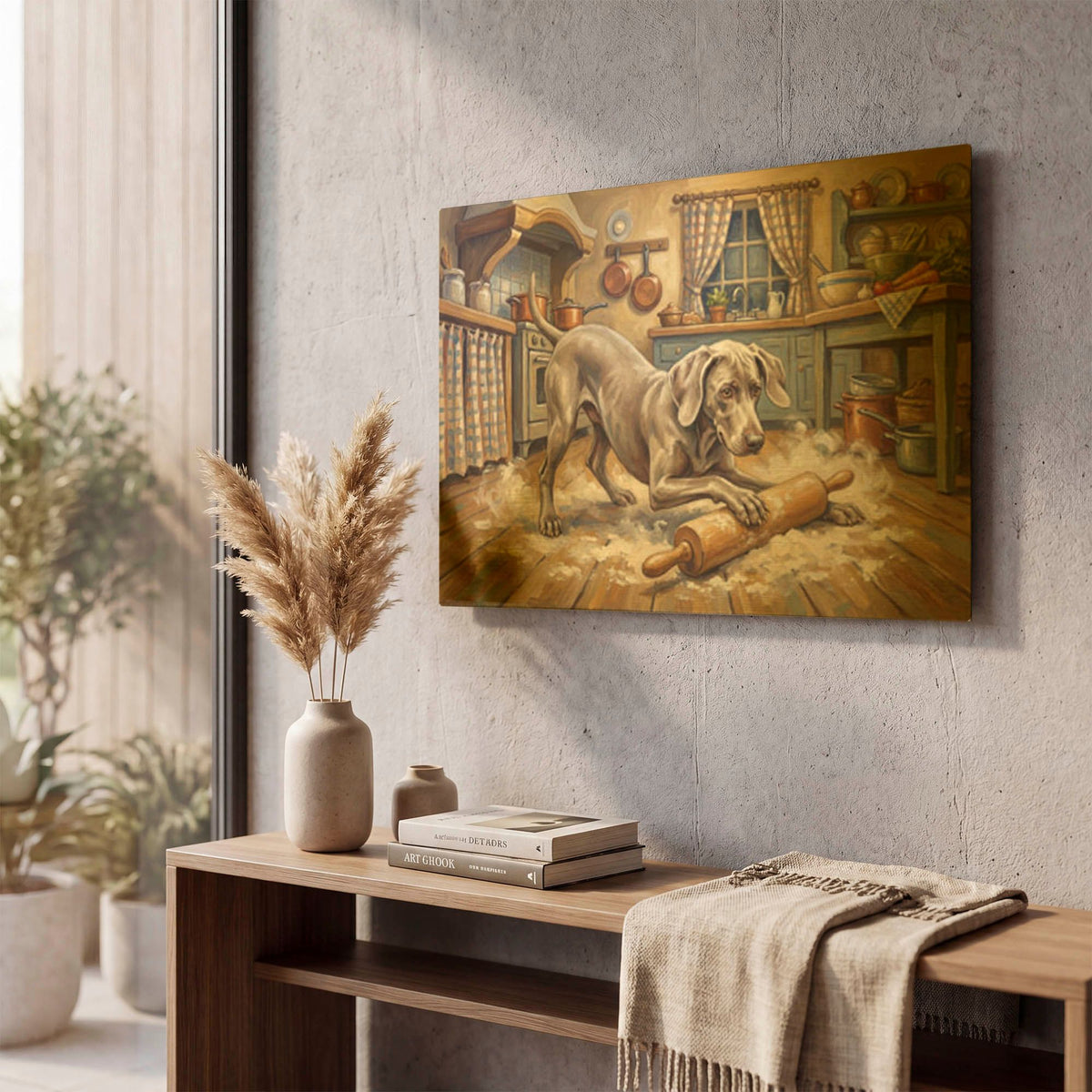 'Weimaraner In The Kitchen' By Rich Monet Gold Metal Wall Art