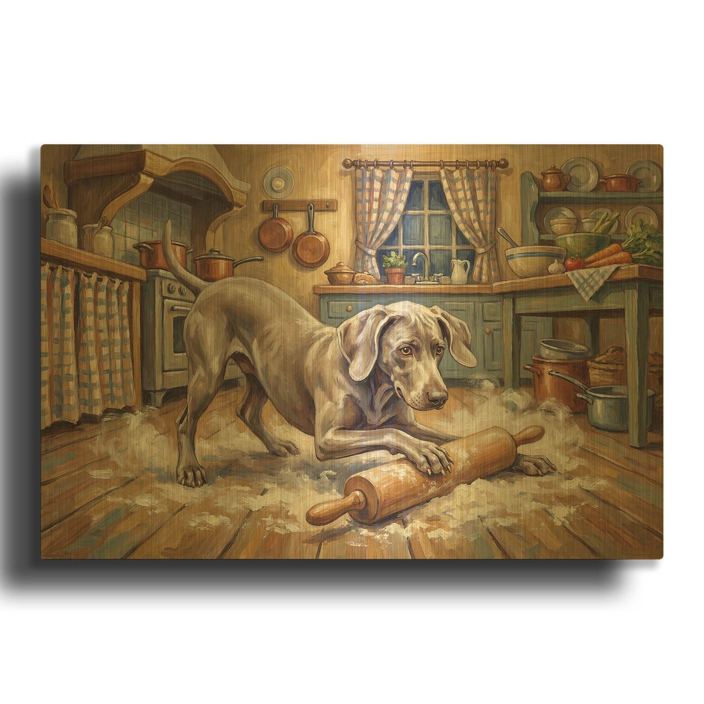'Weimaraner In The Kitchen' By Rich Monet Gold Metal Wall Art