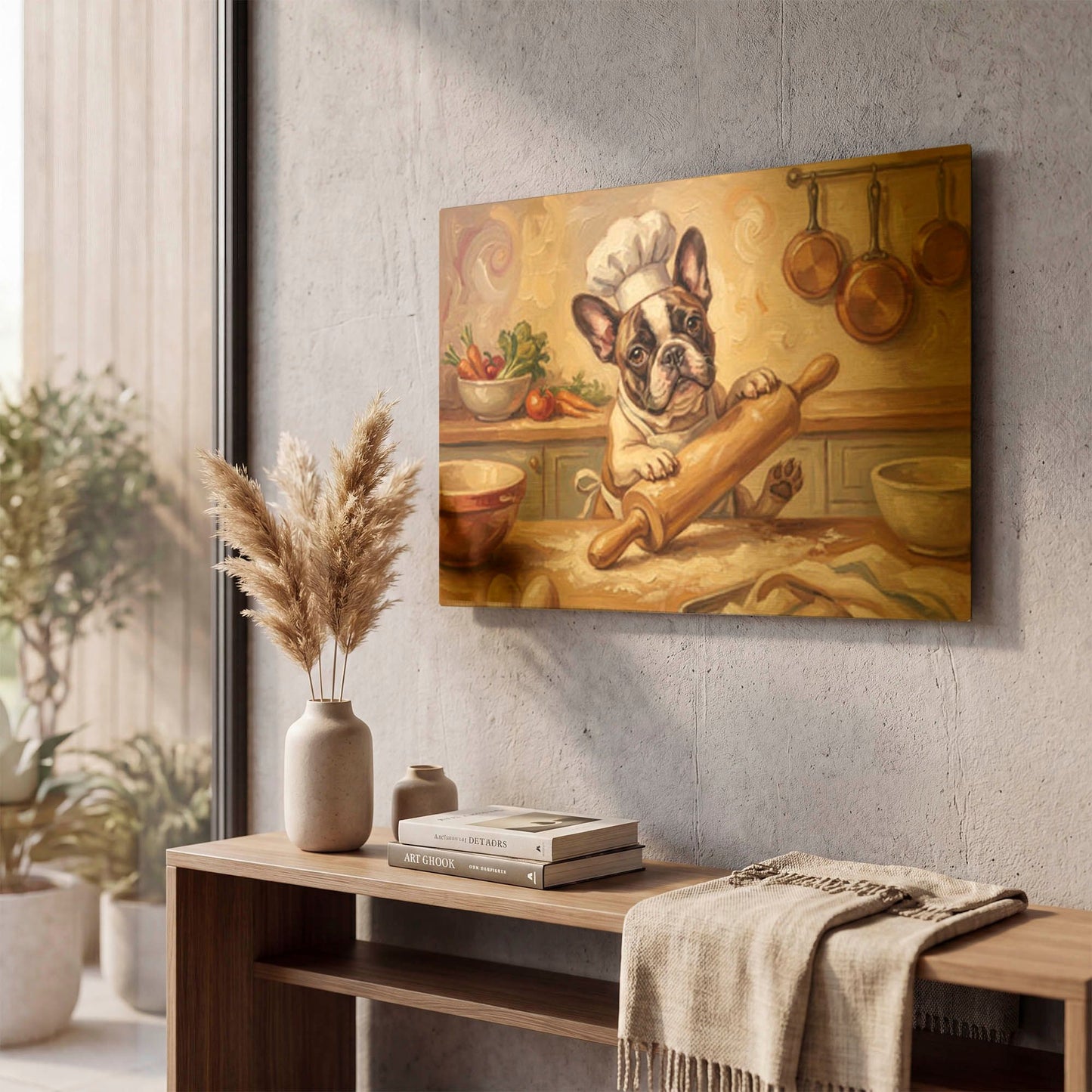'French Bulldog In The Kitchen' By Rich Monet Gold Metal Wall Art