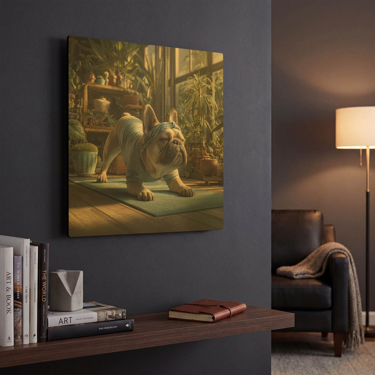 'French Bulldog Yoga' By Rich Monet Gold Metal Wall Art