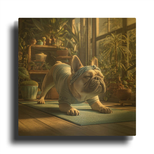 'French Bulldog Yoga' By Rich Monet Gold Metal Wall Art