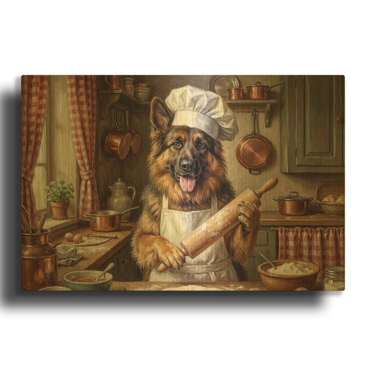 'German Shepherd In The Kitchen' By Rich Monet Gold Metal Wall Art