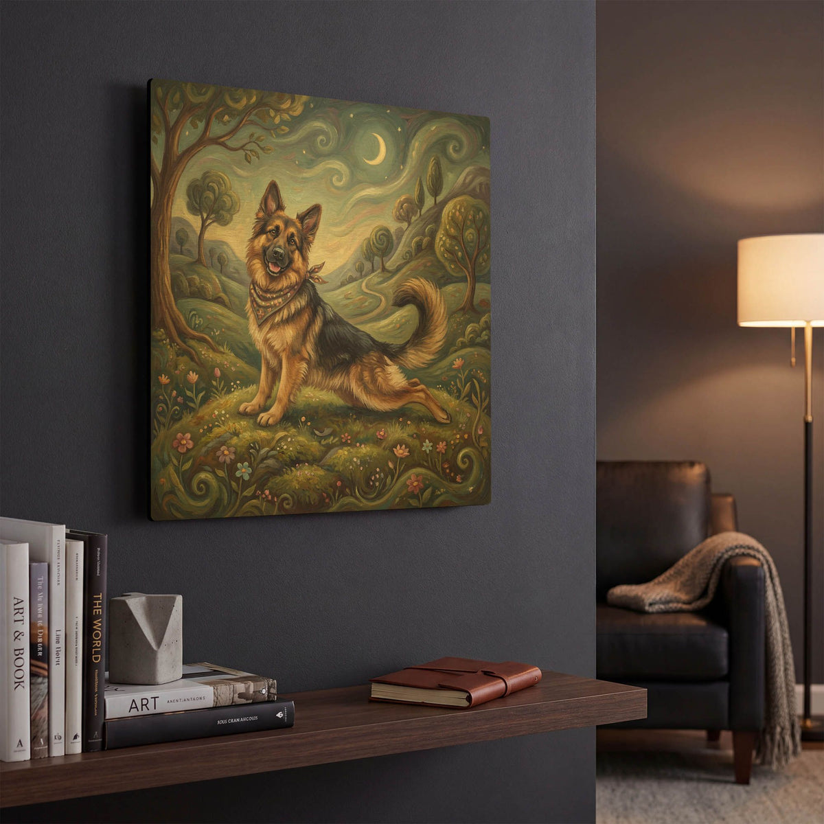 'German Shepherd Yoga Cobra Pose' By Rich Monet Gold Metal Wall Art