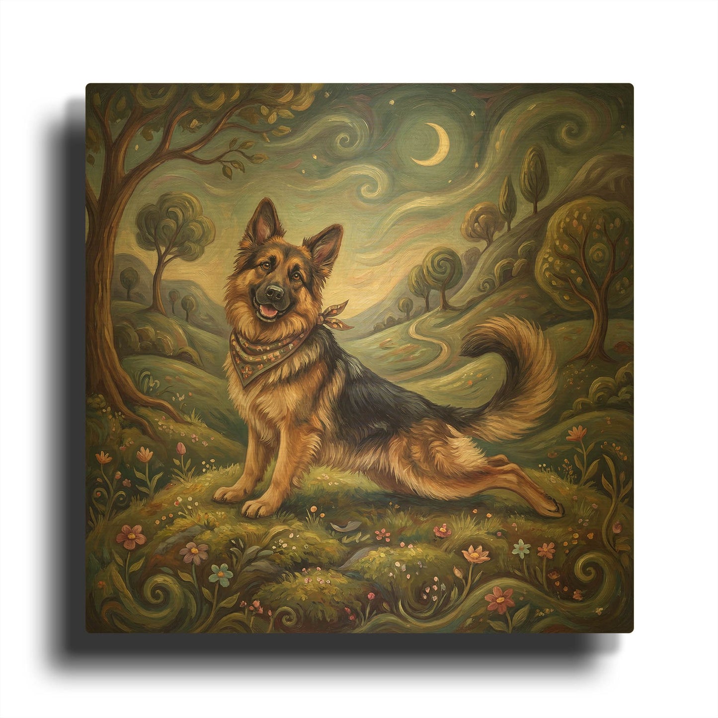 'German Shepherd Yoga Cobra Pose' By Rich Monet Gold Metal Wall Art