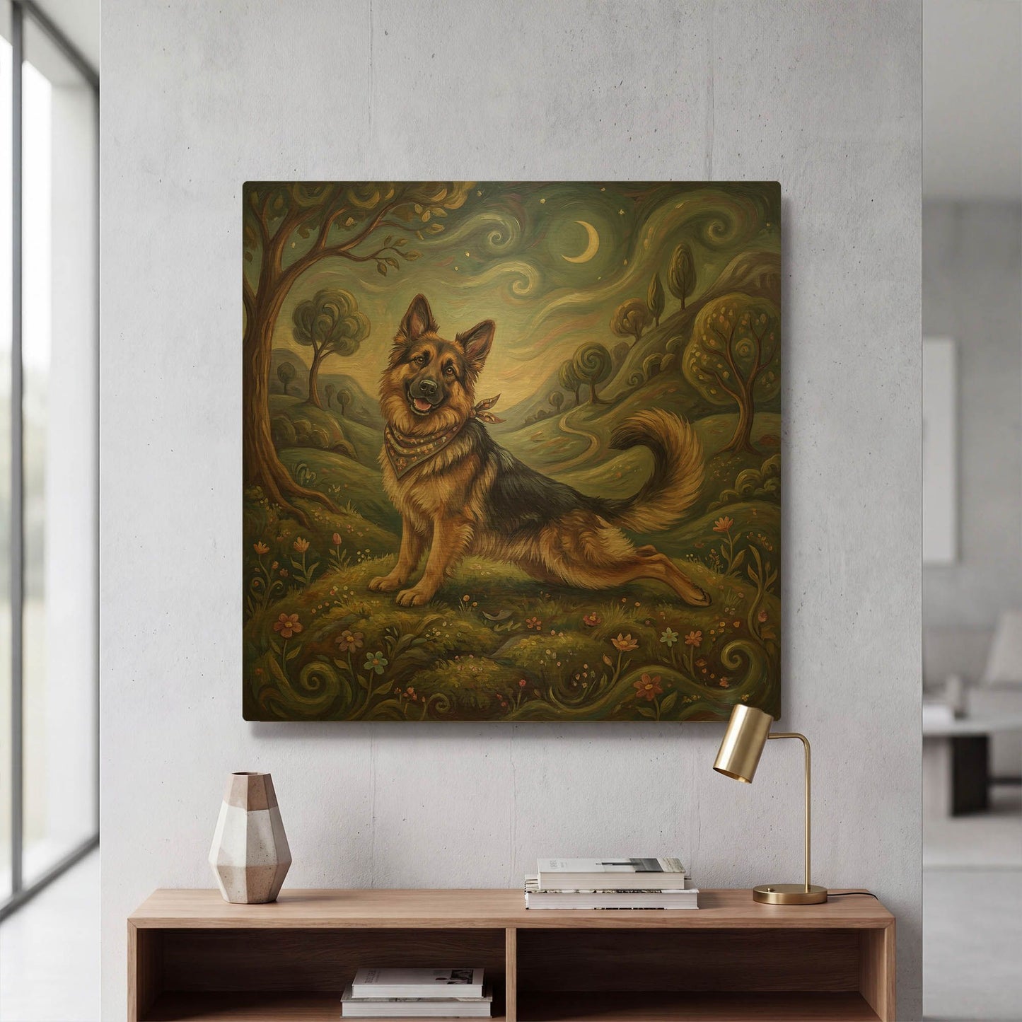 'German Shepherd Yoga Cobra Pose' By Rich Monet Gold Metal Wall Art