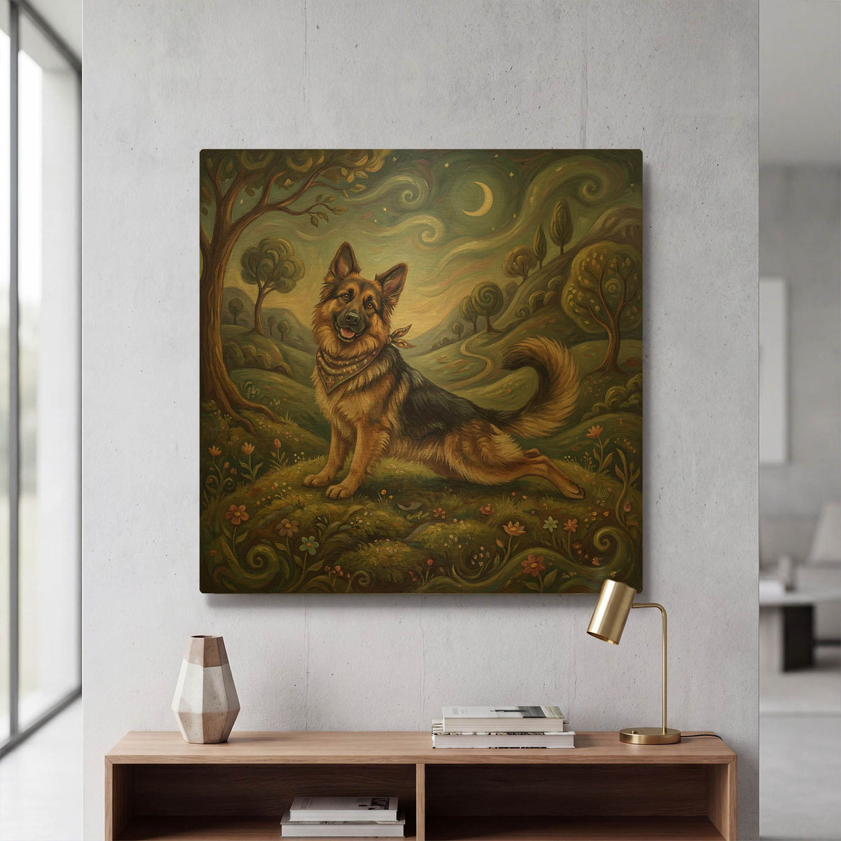 'German Shepherd Yoga Cobra Pose' By Rich Monet Gold Metal Wall Art