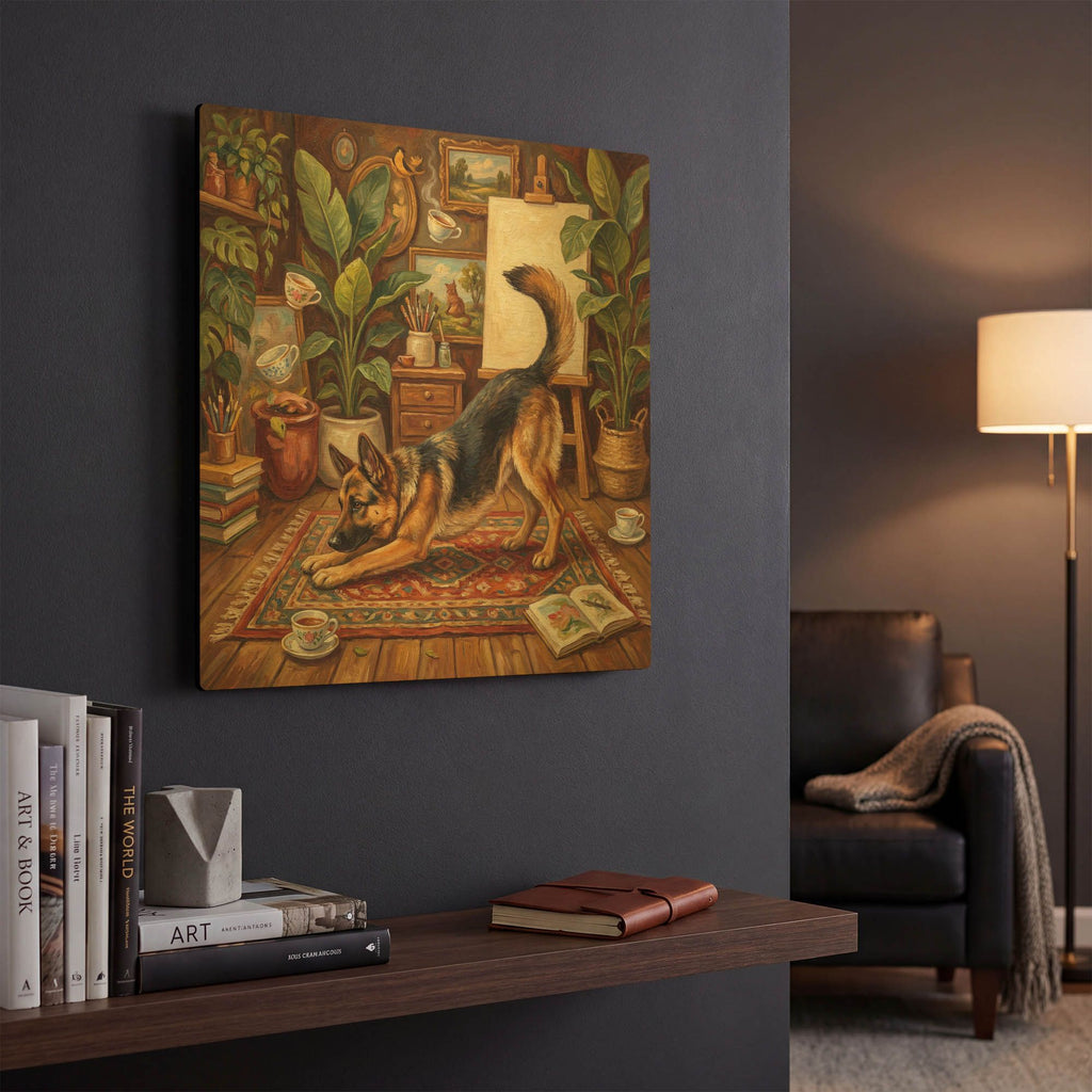 'German Shepherd Yoga Downward Dog' By Rich Monet Gold Metal Wall Art