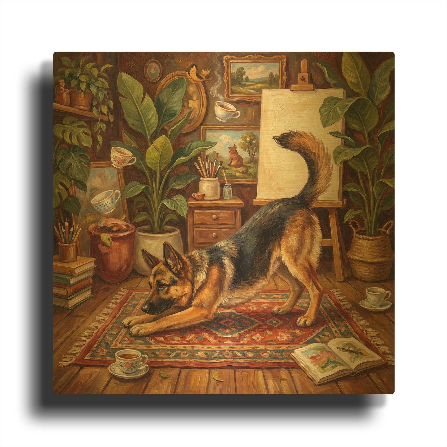 'German Shepherd Yoga Downward Dog' By Rich Monet Gold Metal Wall Art