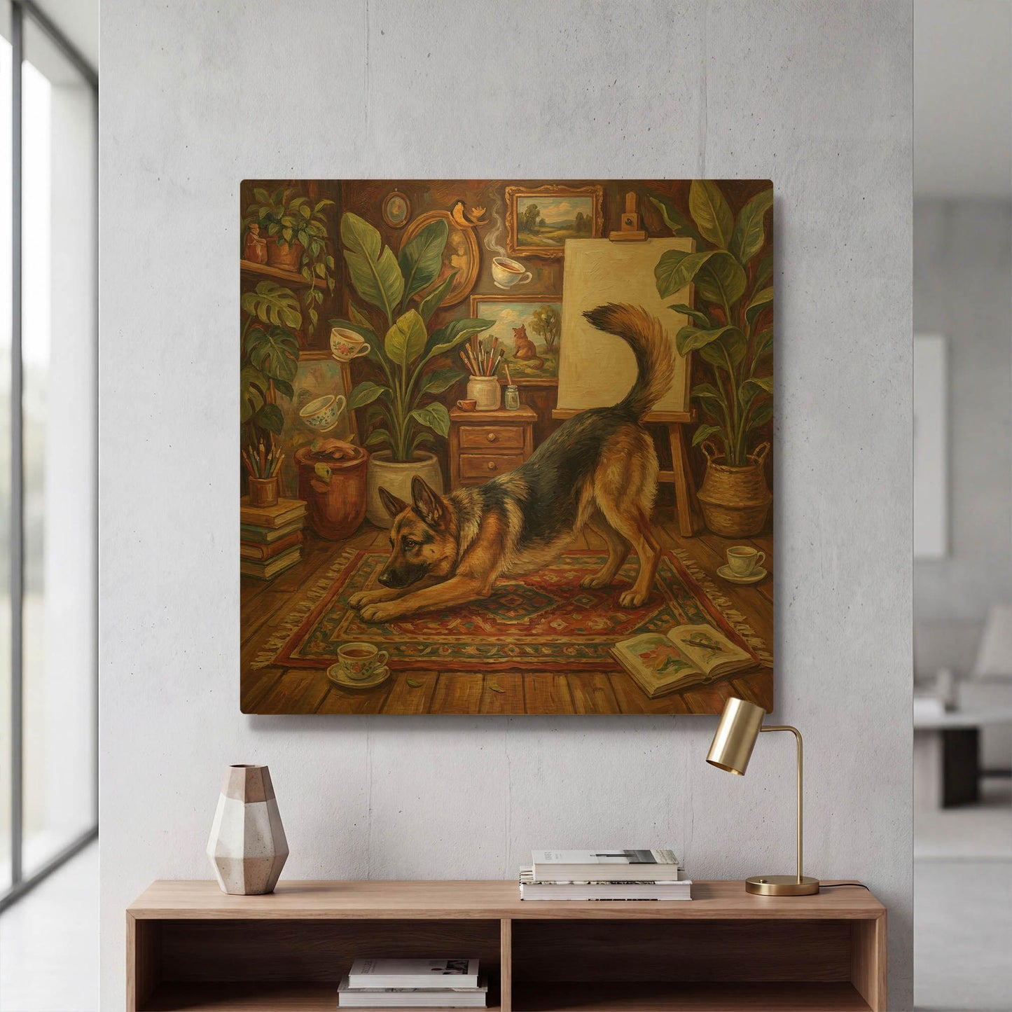 'German Shepherd Yoga Downward Dog' By Rich Monet Gold Metal Wall Art