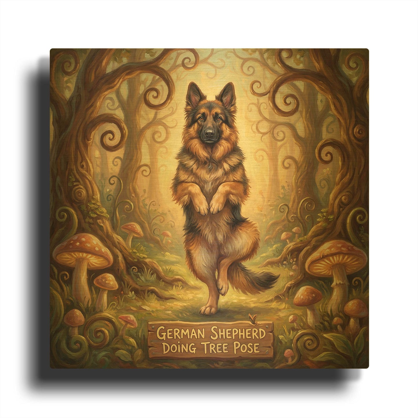 'German Shepherd Yoga Tree Pose' By Rich Monet Gold Metal Wall Art